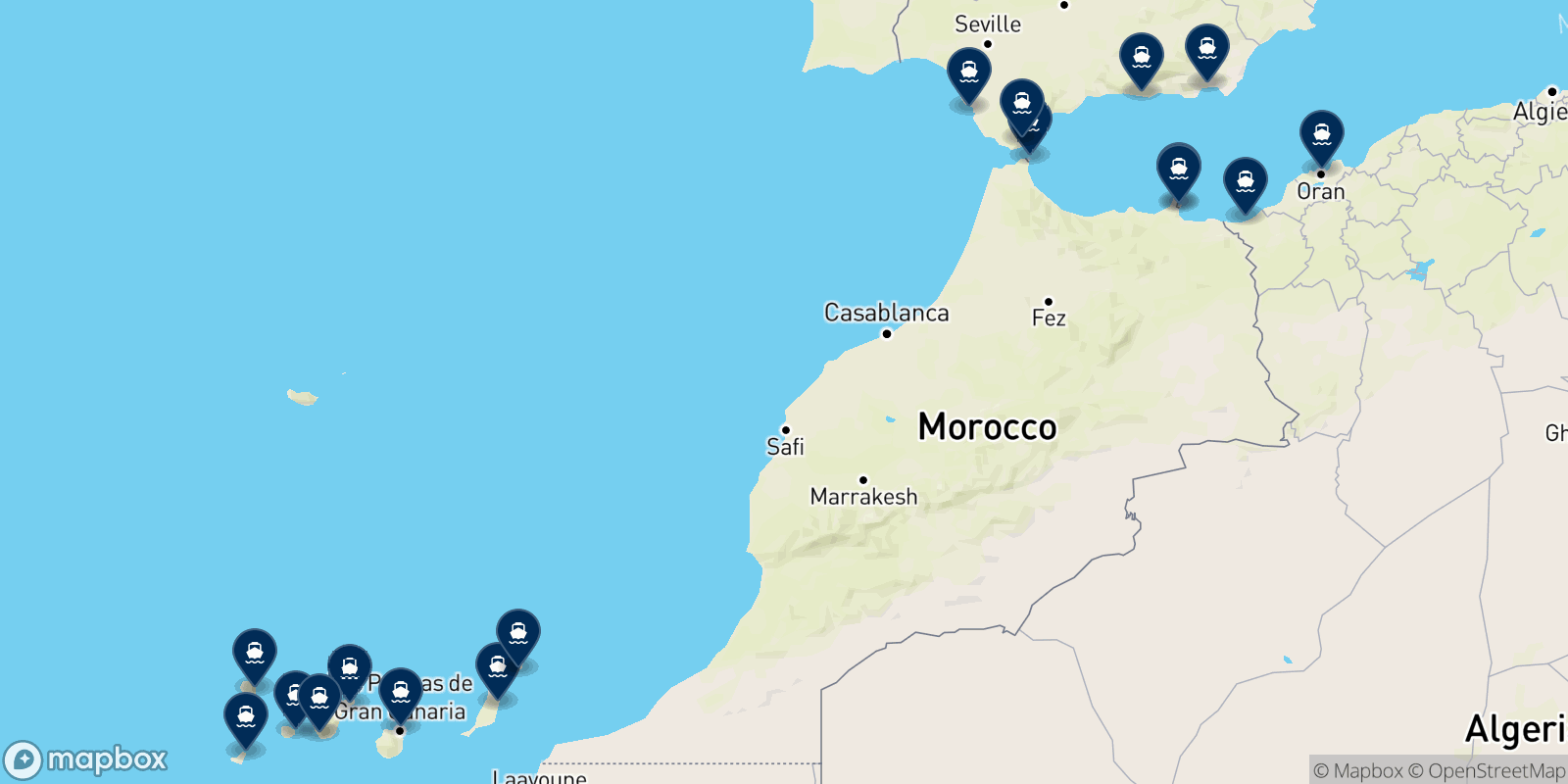 Mapa de los destinos Naviera Armas