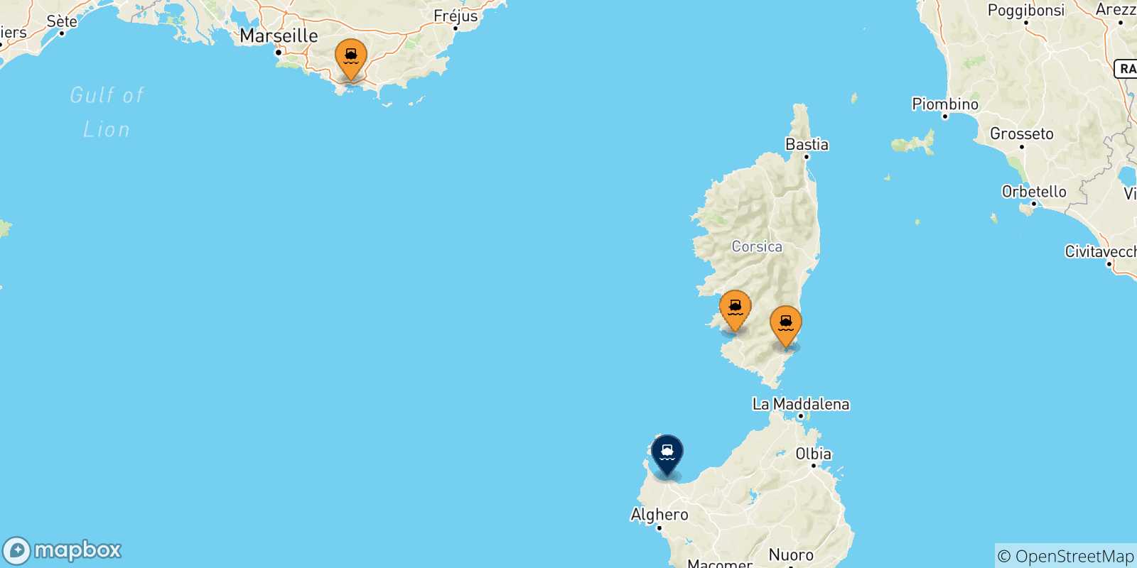Mapa de las posibles rutas entre Francia y  Porto Torres