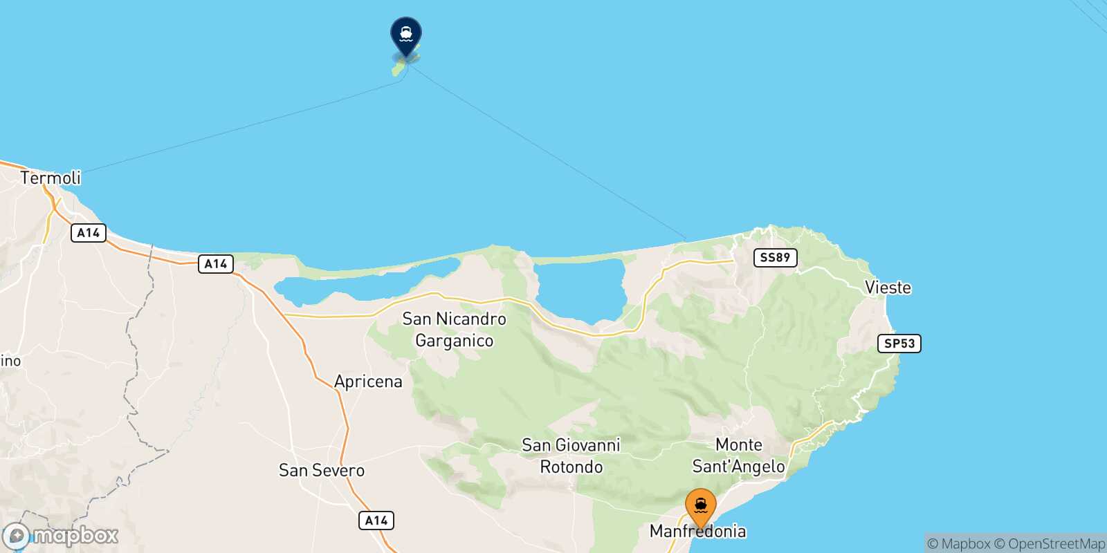 Mapa de los destinos alcanzables de Manfredonia