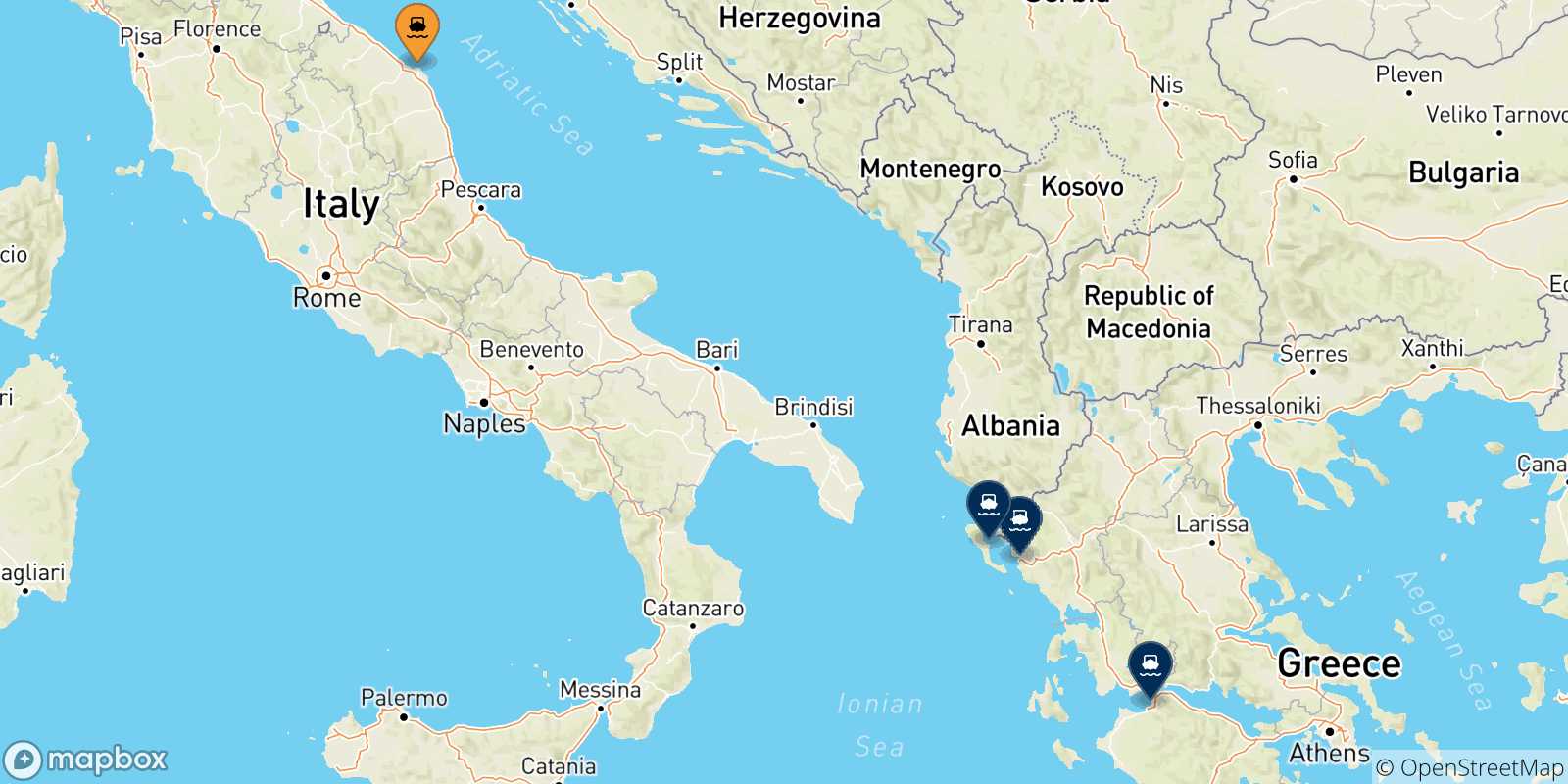 Mapa de las posibles rutas entre Ancona y  Grecia