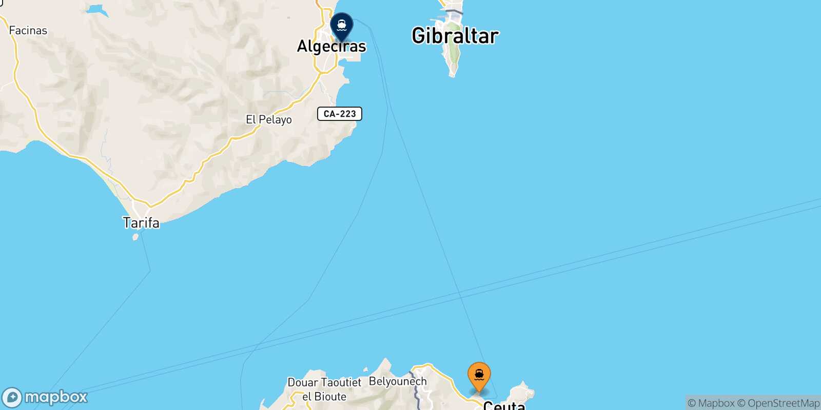 Mapa de los puertos conectados con  Algeciras