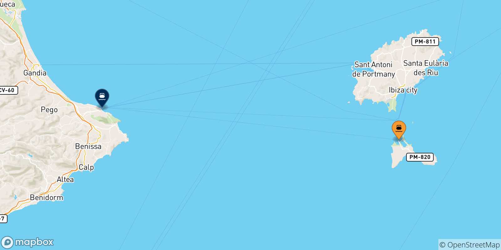 Mapa de las posibles rutas entre Islas Baleares y  Denia