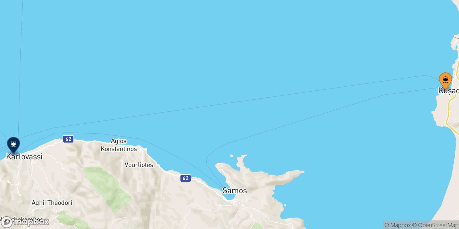 Mapa de los puertos conectados con  Pythagorio (Samos)