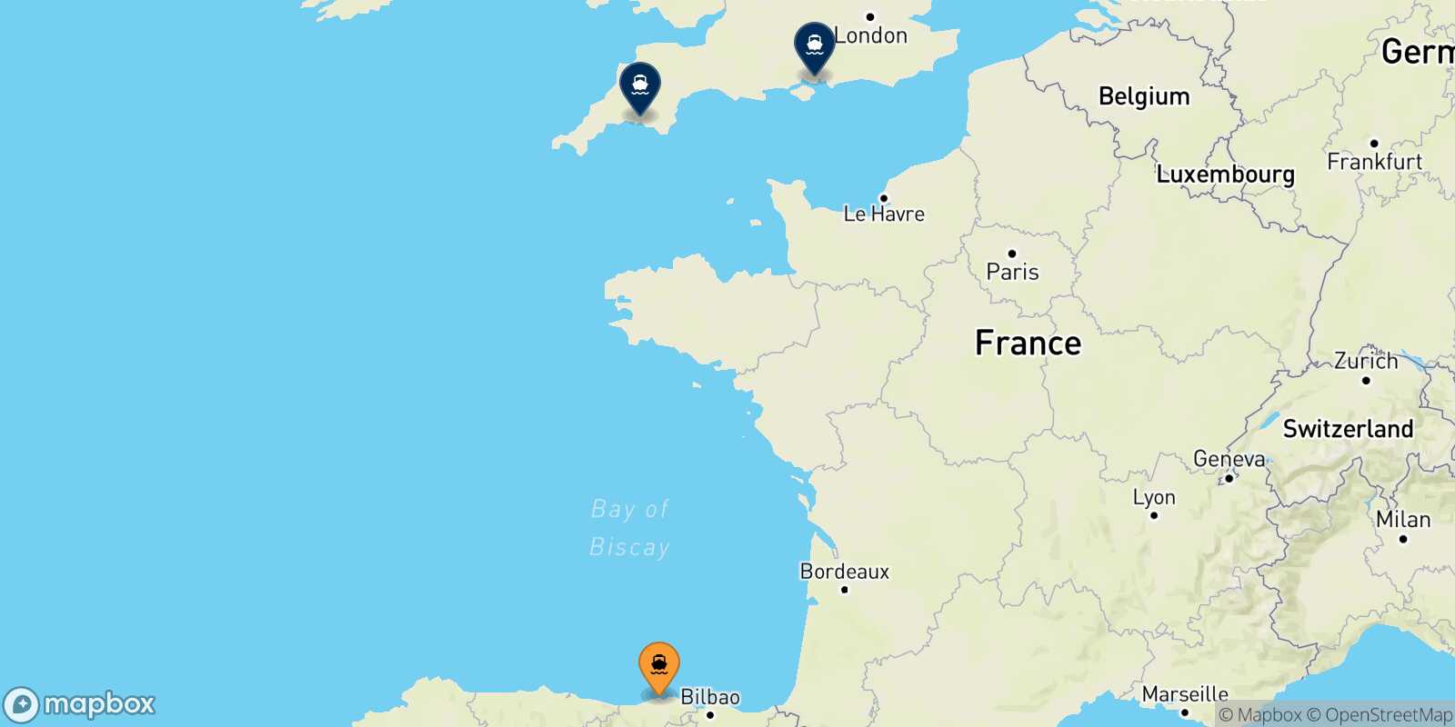 Mapa de los destinos alcanzables de Santander