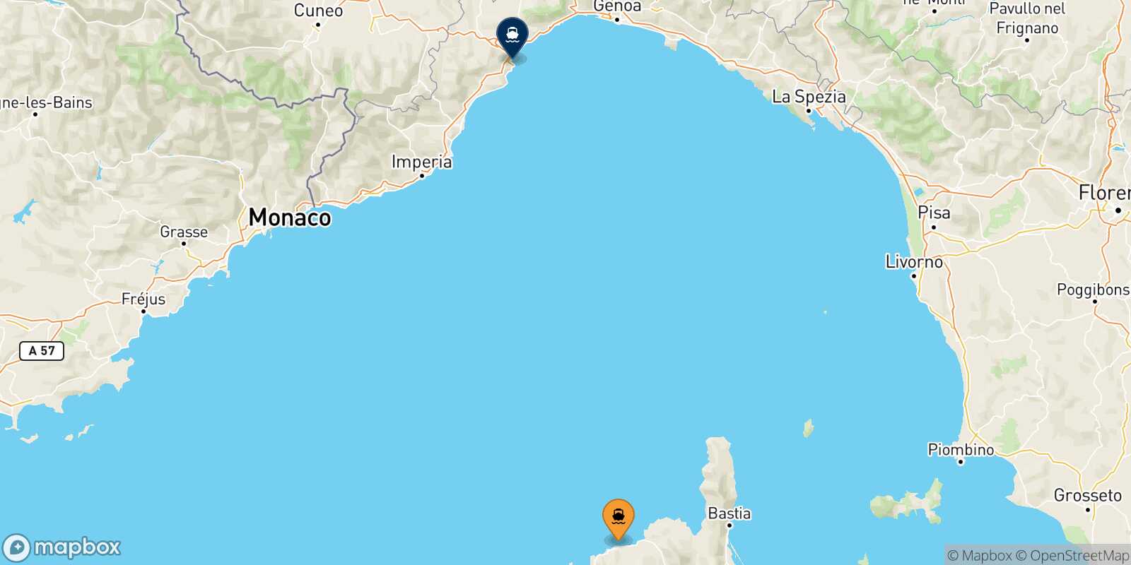 Mapa de los destinos alcanzables de Calvi