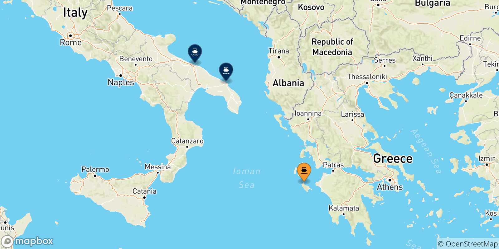 Mapa de las posibles rutas entre Zakynthos y  Italia