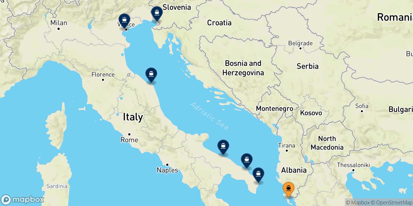 Mapa de los destinos alcanzables de Corfu