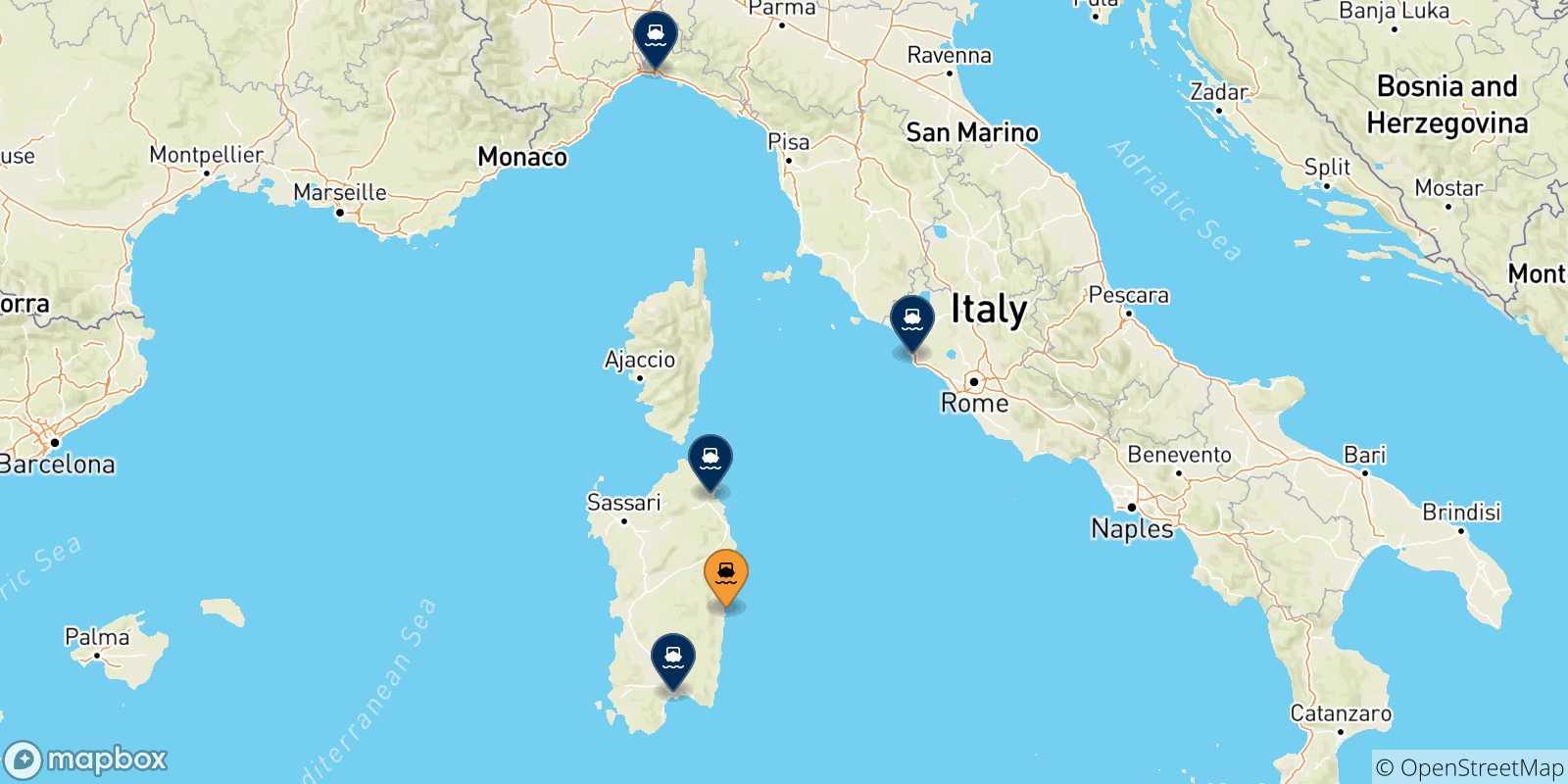 Mapa de las posibles rutas entre Arbatax y  Italia