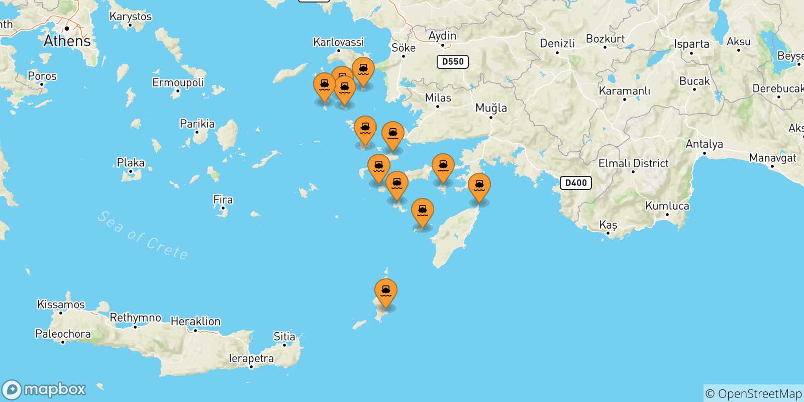 Mapa de las posibles rutas entre Dodecaneso y  Leros