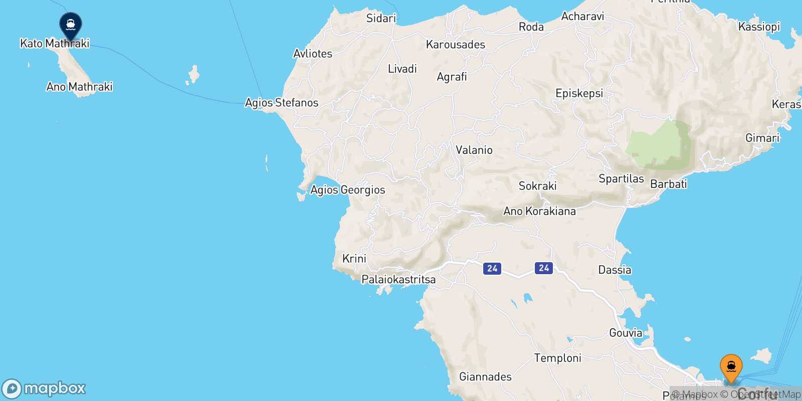 Mapa de la ruta Corfu Mazraki