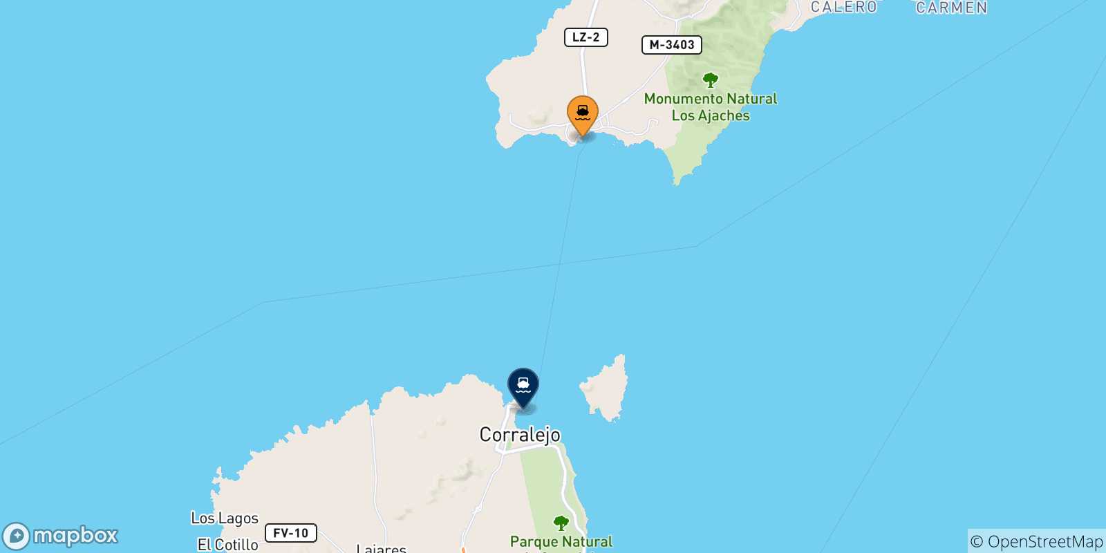 Mapa de las posibles rutas entre Playa Blanca (Lanzarote) y  España
