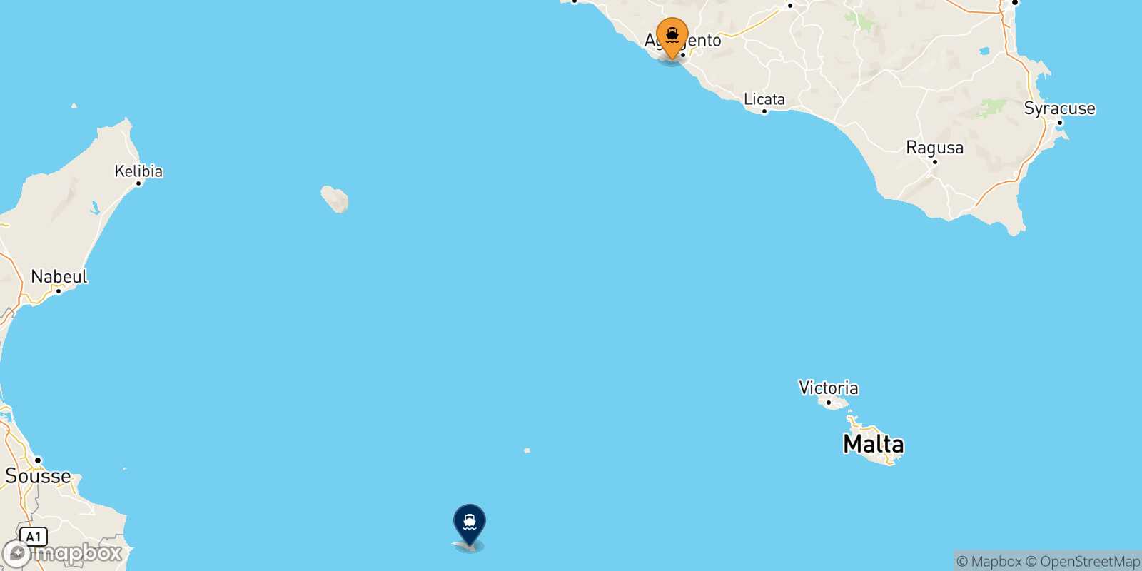 Mapa de la ruta Porto Empedocle Lampedusa