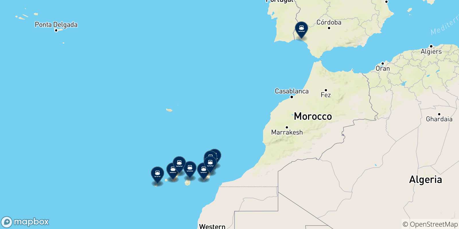 Mapa de los destinos alcanzables de Islas Canarias