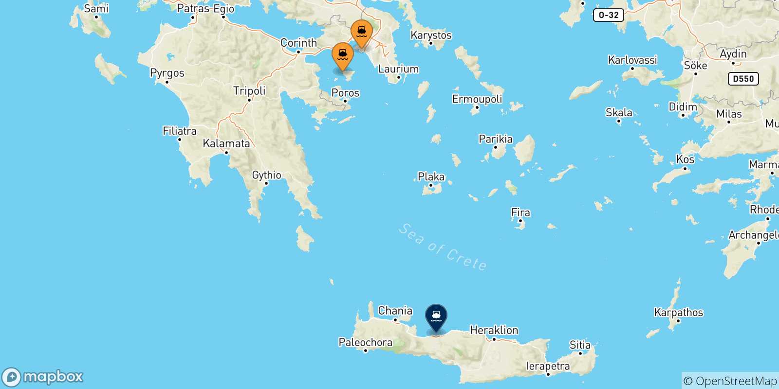 Mapa de las posibles rutas entre Grecia y  Myli (Agistri)