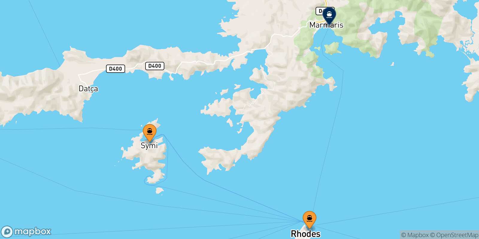 Mapa de los puertos conectados con  Marmaris
