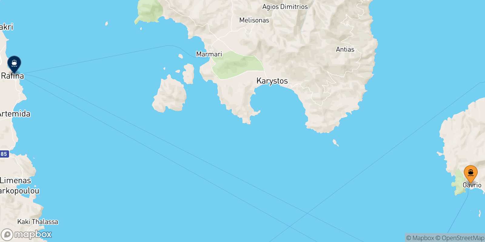 Mapa de la ruta Andros Rafina