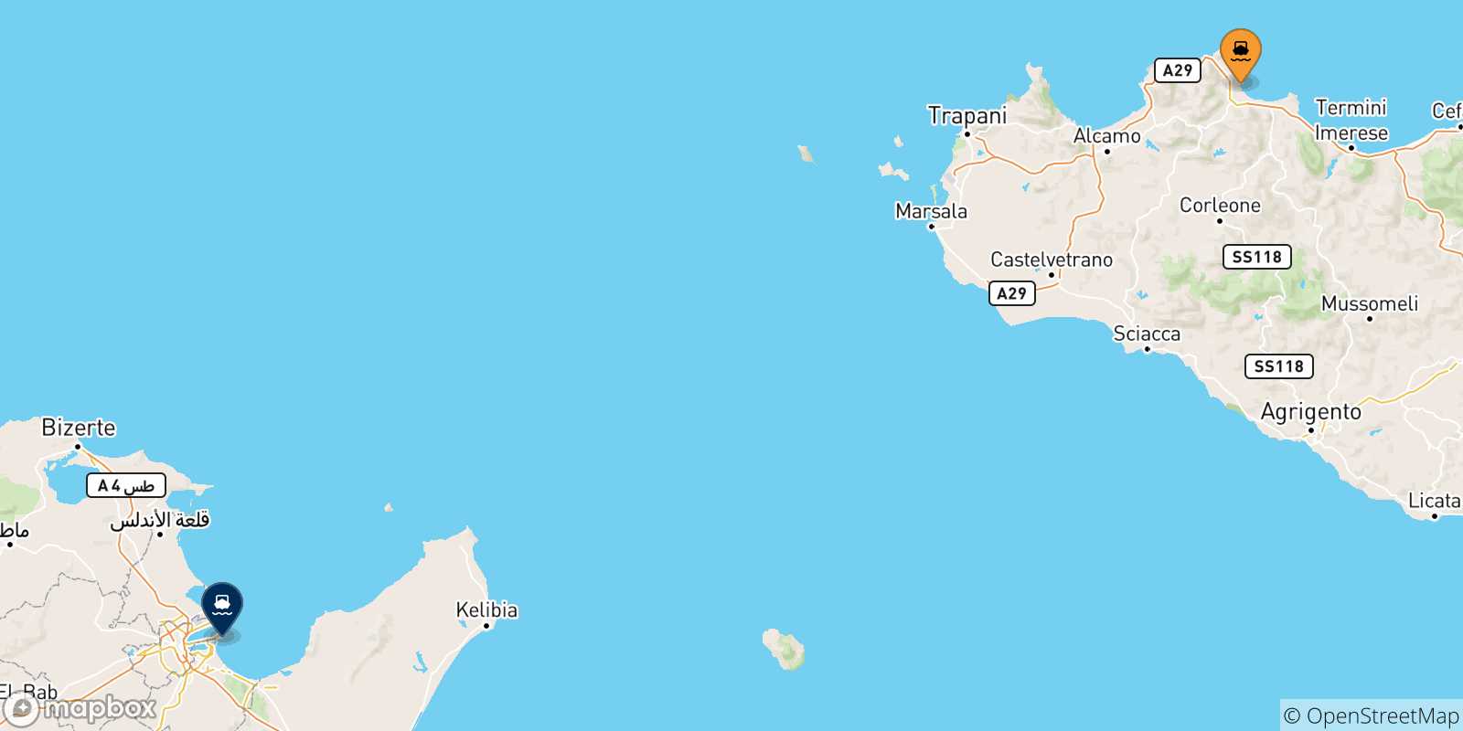 Mapa de las posibles rutas entre Sicilia y  Túnez