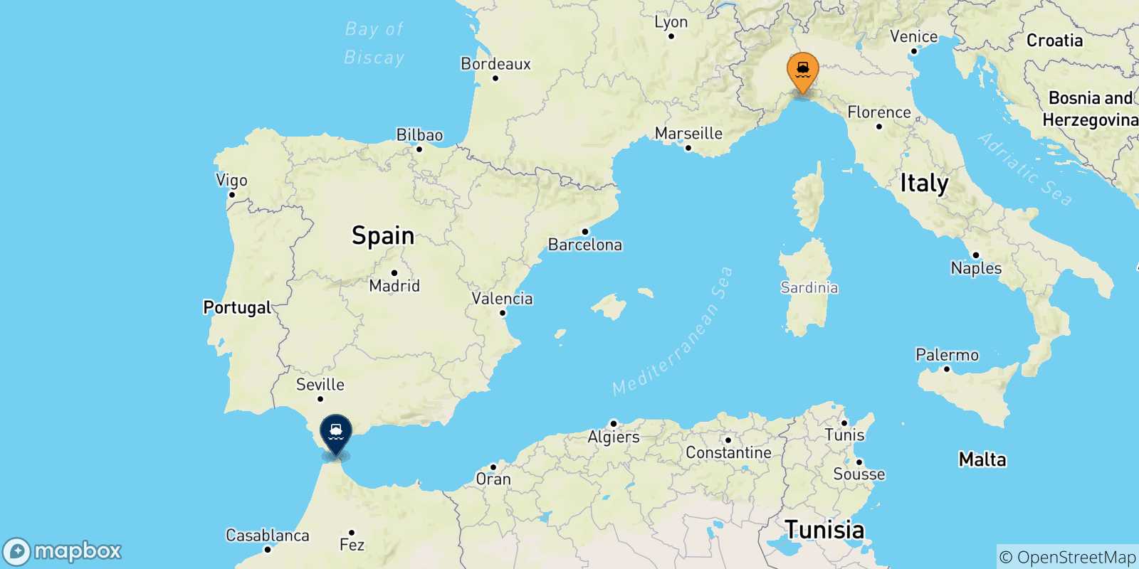 Mapa de las posibles rutas entre Genova y  Marruecos