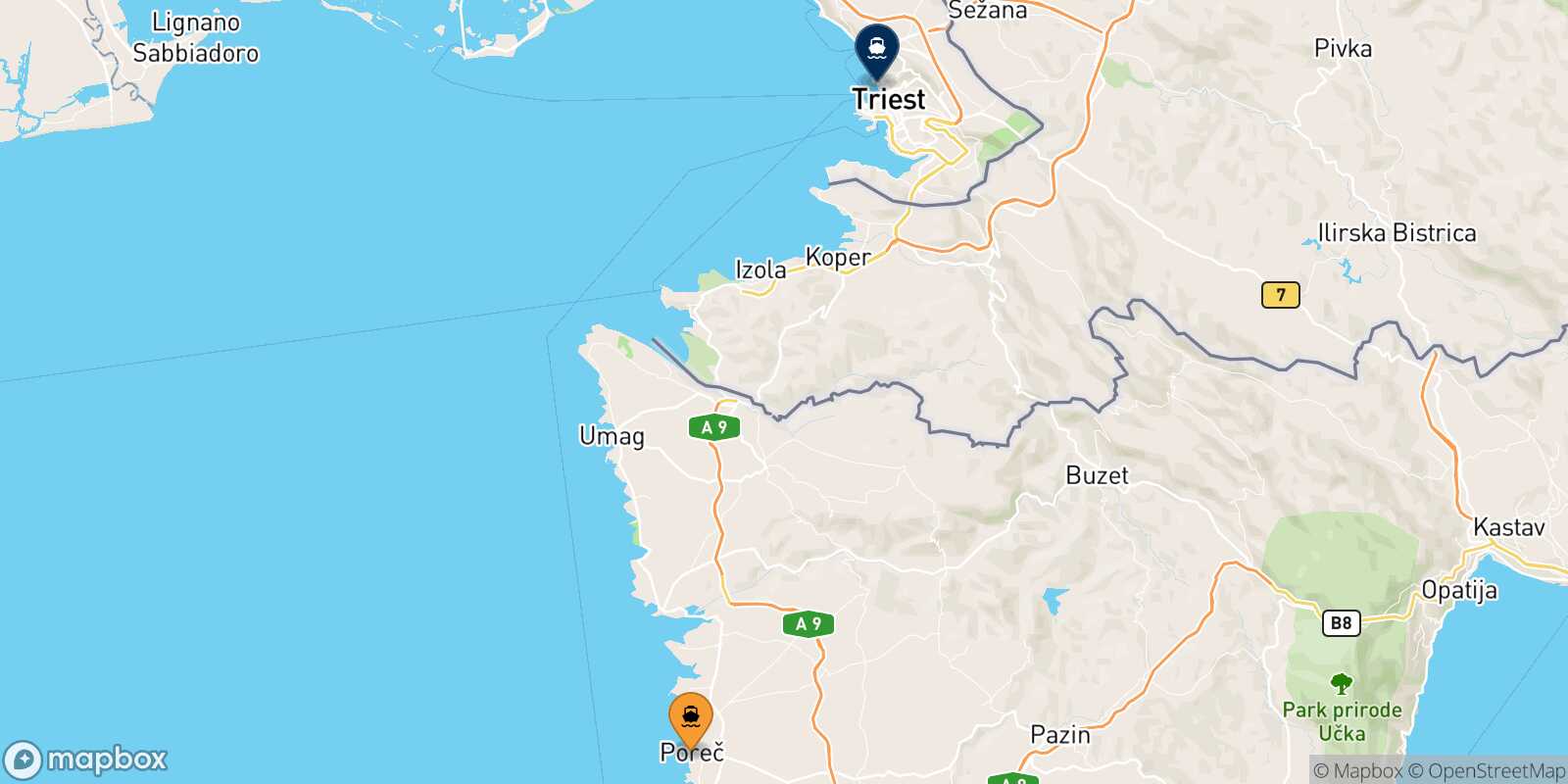 Mapa de la ruta Porec Trieste