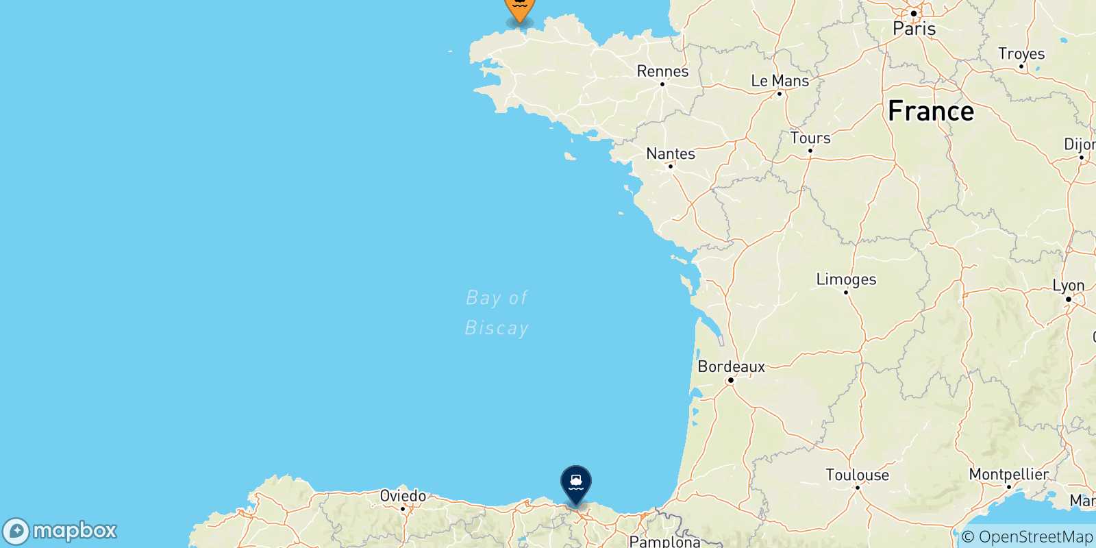 Mapa de las posibles rutas entre Roscoff y  España