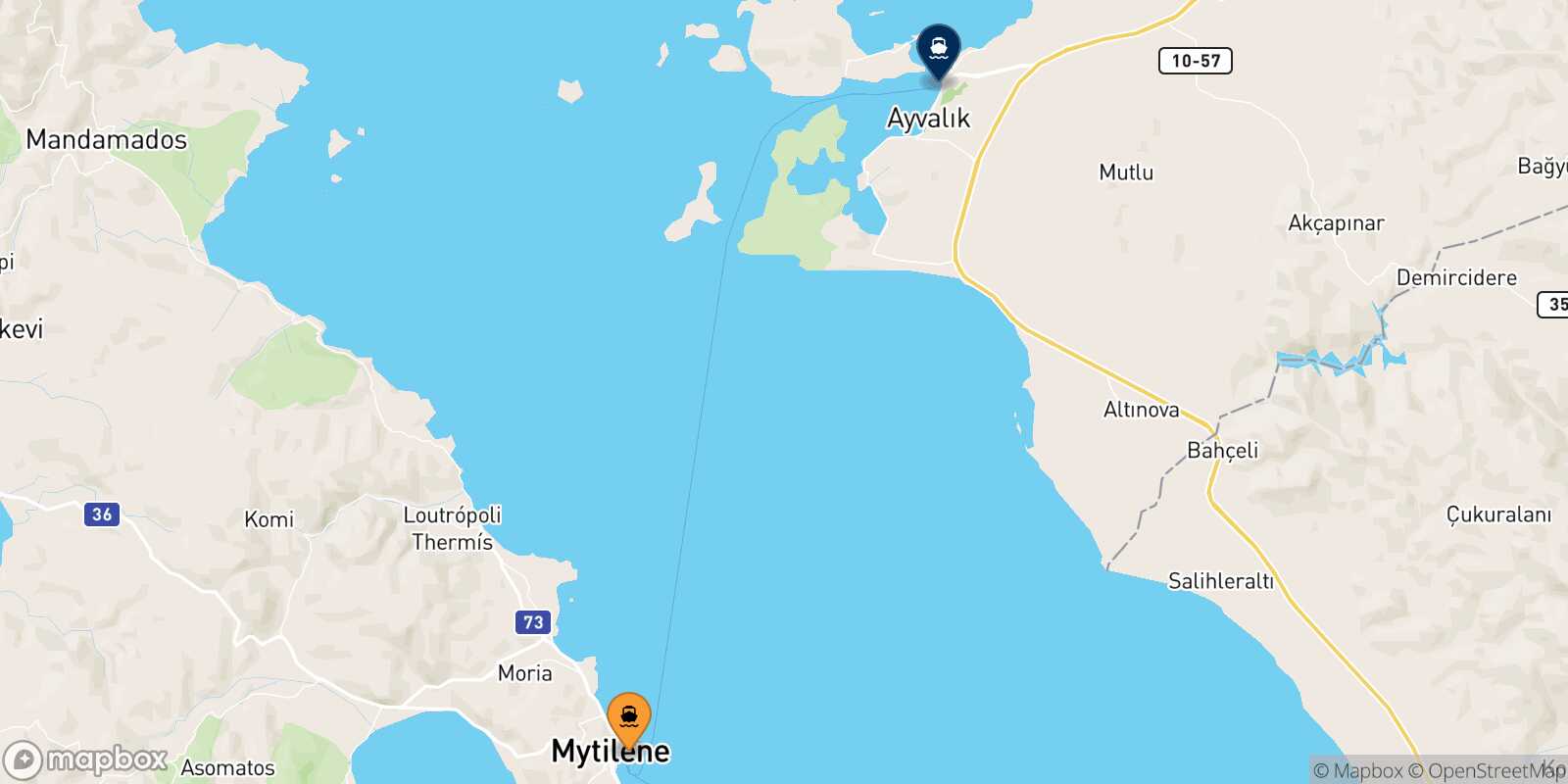 Mapa de los puertos conectados con  Ayvalik