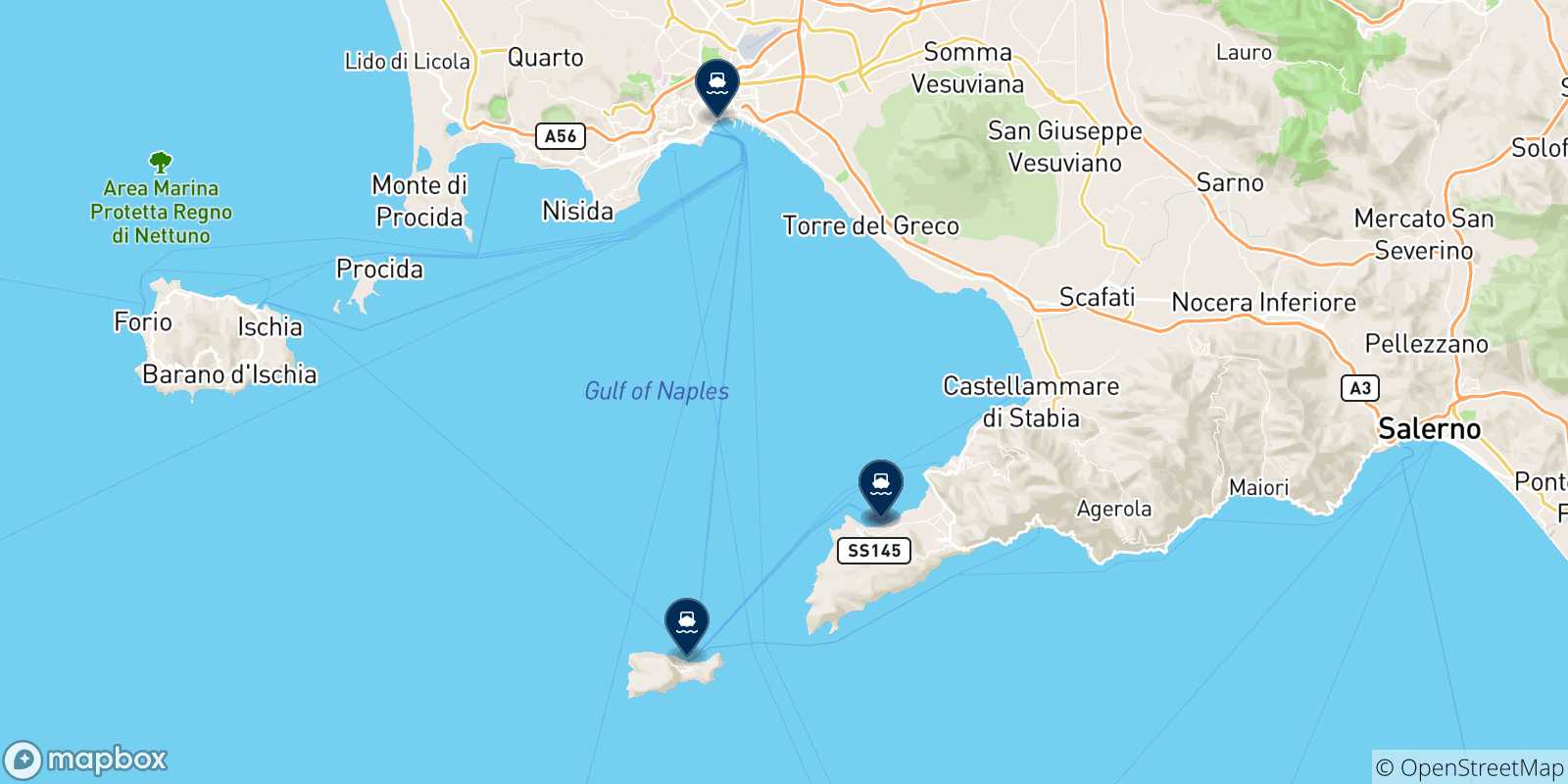 Mapa de las posibles rutas entre Castellammare y  Italia