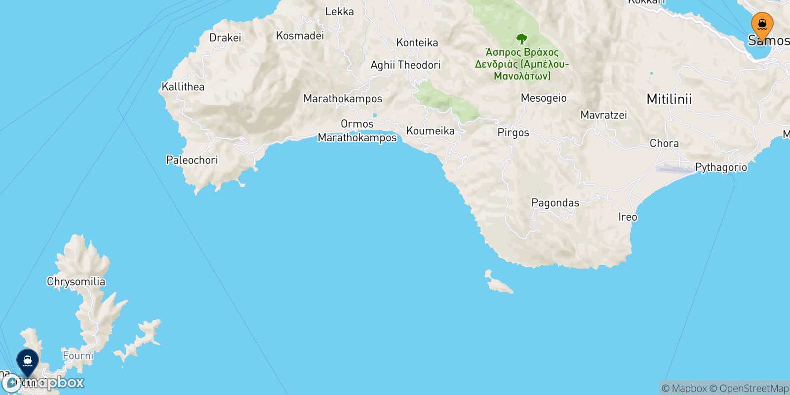 Mapa de la ruta Vathi (Samos) Fourni