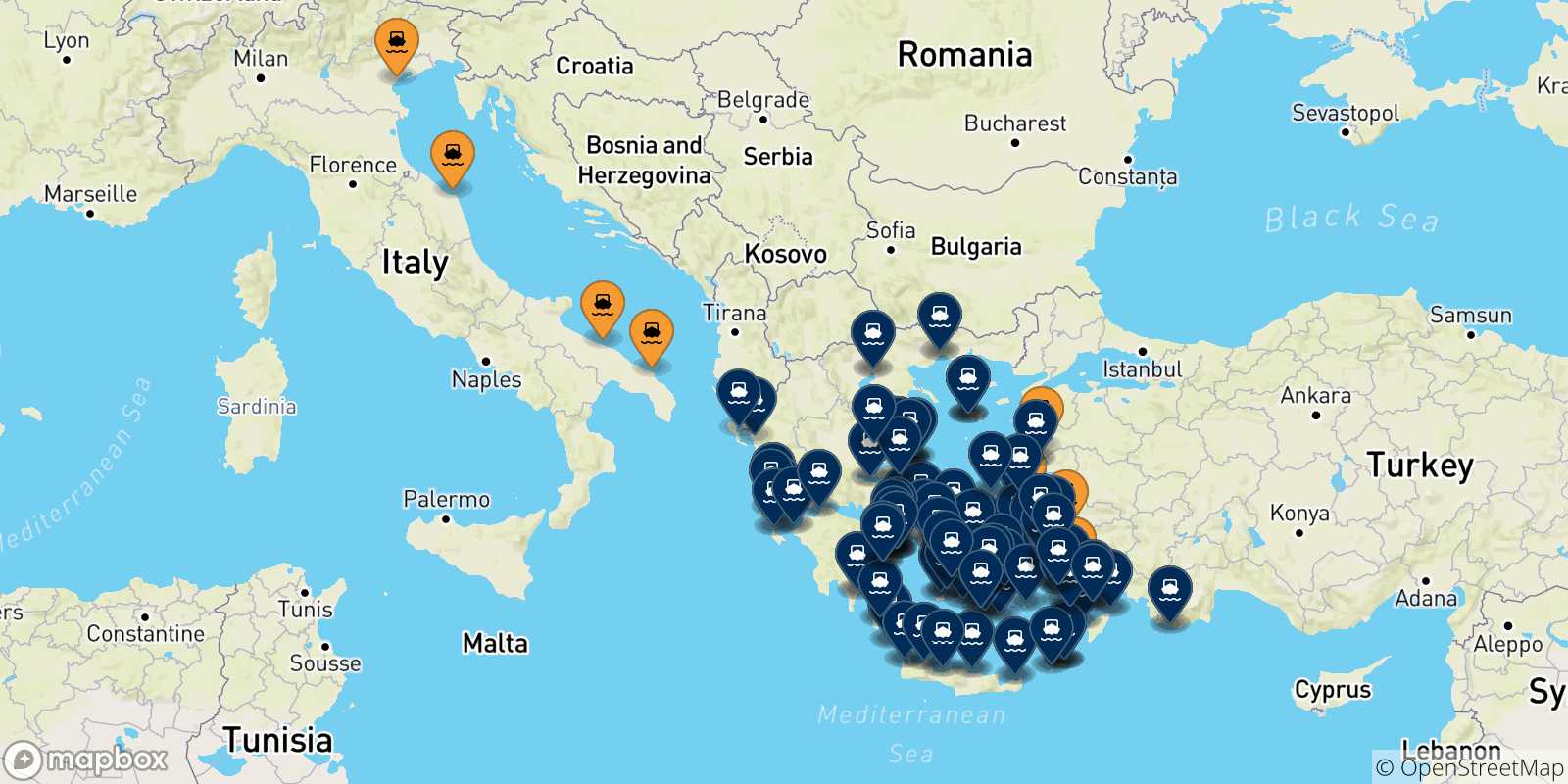 Mapa de los puertos conectados con  Grecia