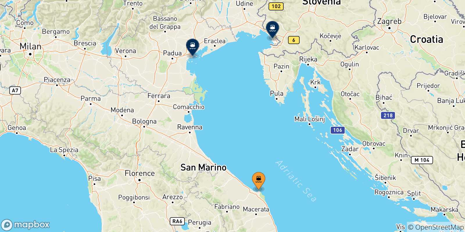 Mapa de las posibles rutas entre Ancona y  Italia