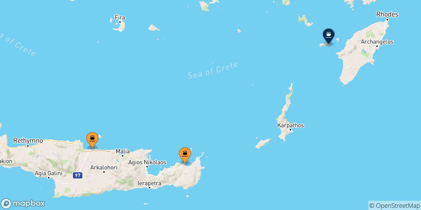 Mapa de las posibles rutas entre Creta y  Chalki
