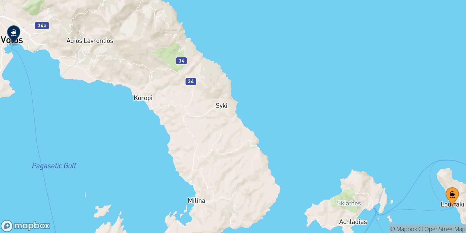 Mapa de la ruta Agnontas (Skopelos) Volos