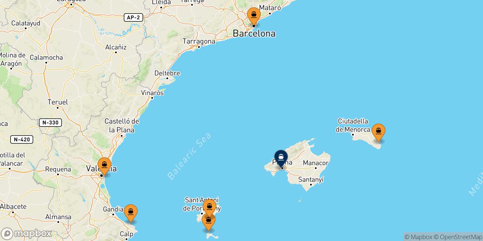 Mapa de los puertos conectados con  Palma De Mallorca