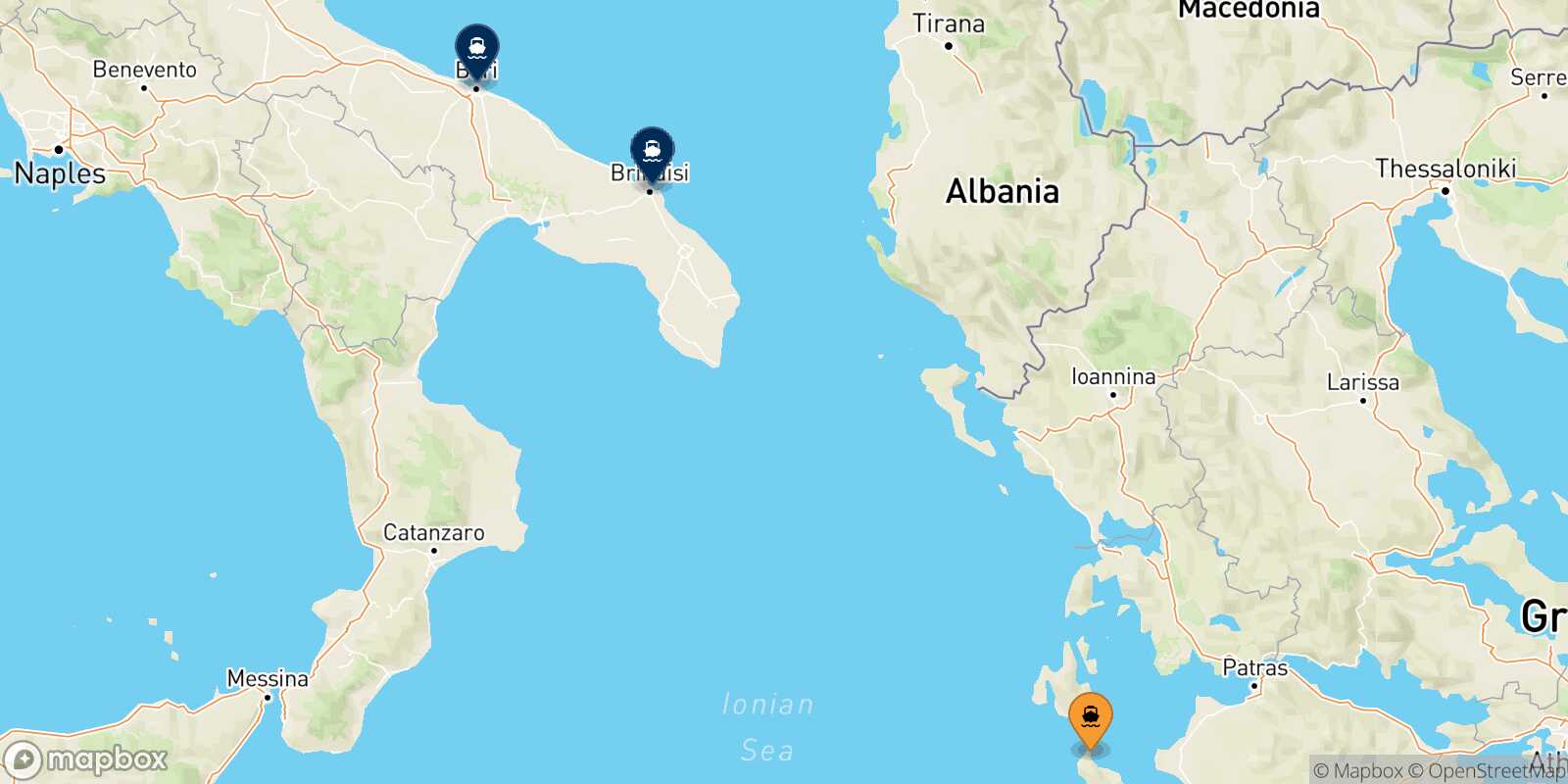 Mapa de los destinos alcanzables de Zakynthos