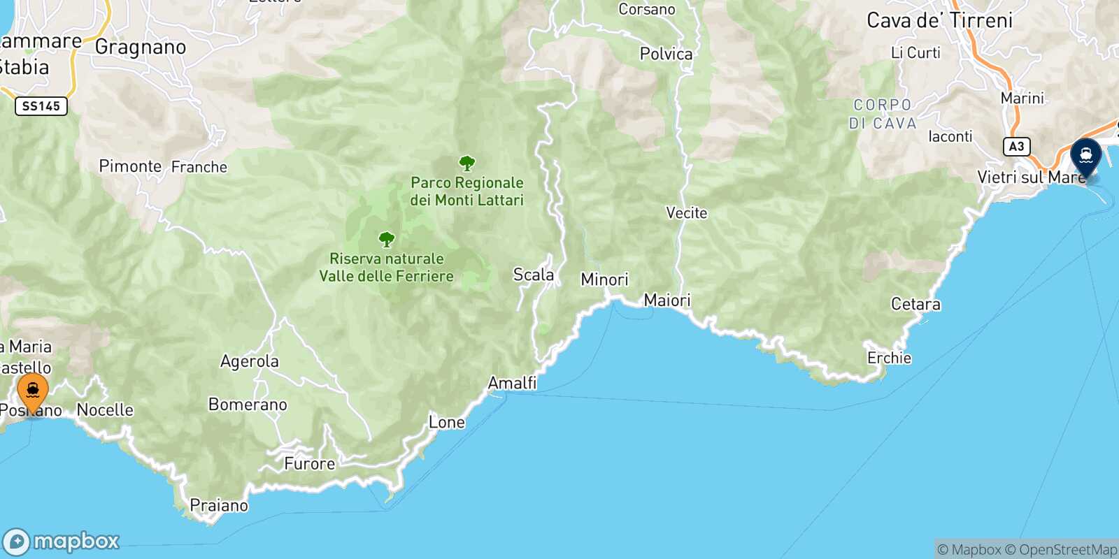 Mapa de la ruta Positano Salerno
