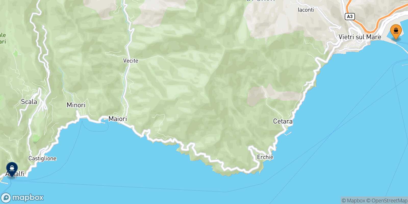 Mapa de la ruta Salerno Amalfi