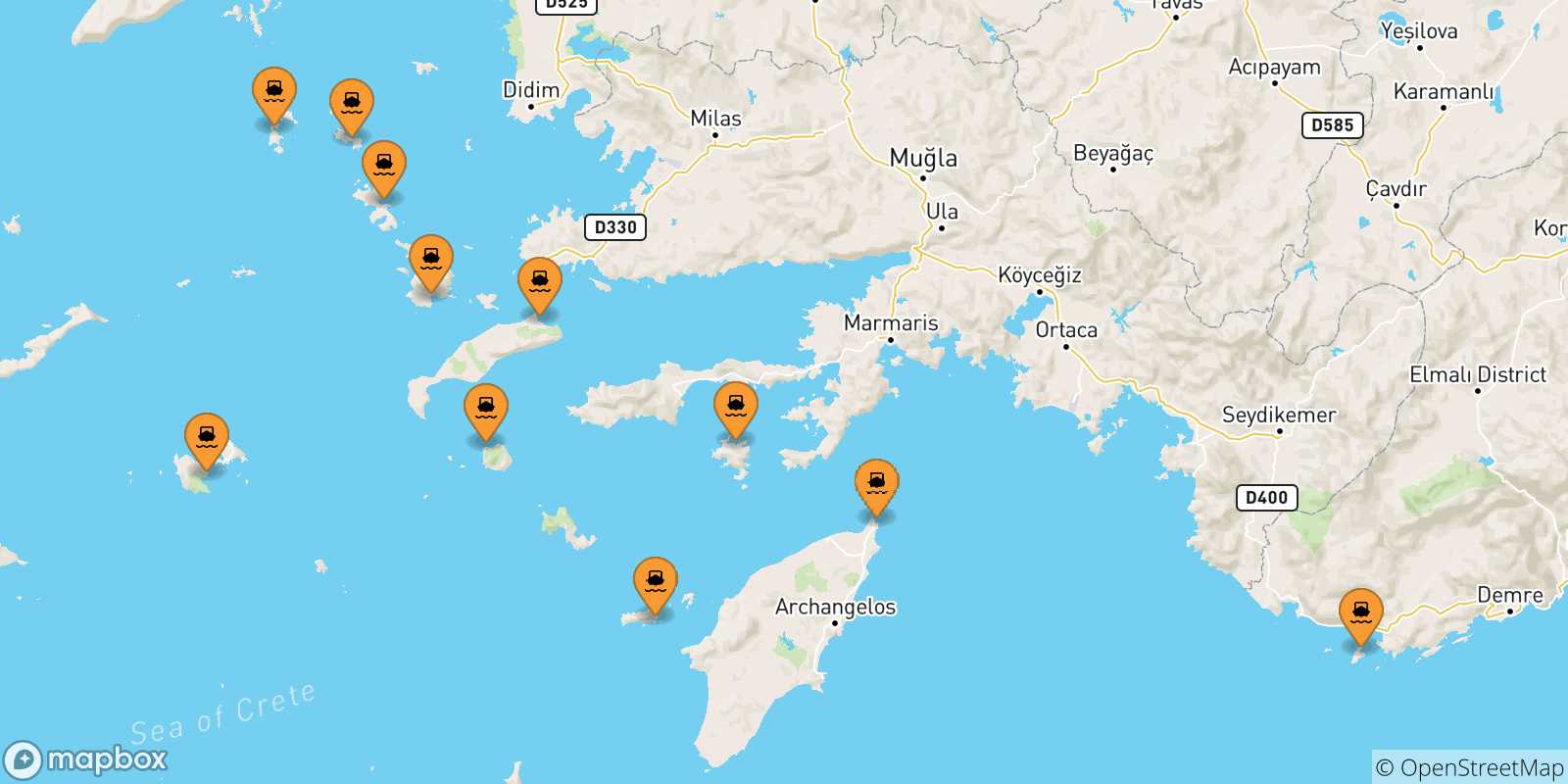 Mapa de las posibles rutas entre Dodecaneso y  Tilos