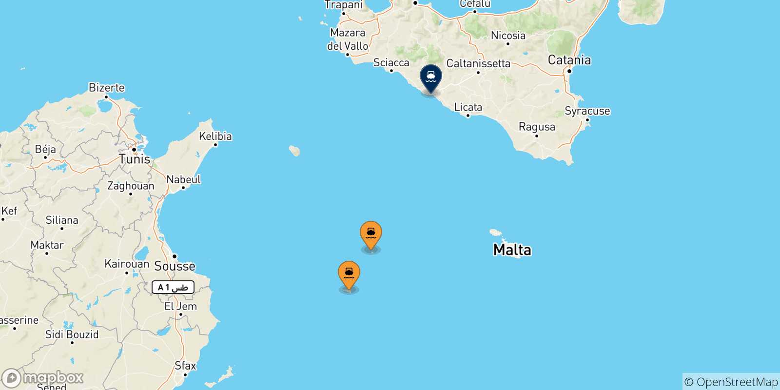 Mapa de las posibles rutas entre Islas Pelagie y  Porto Empedocle
