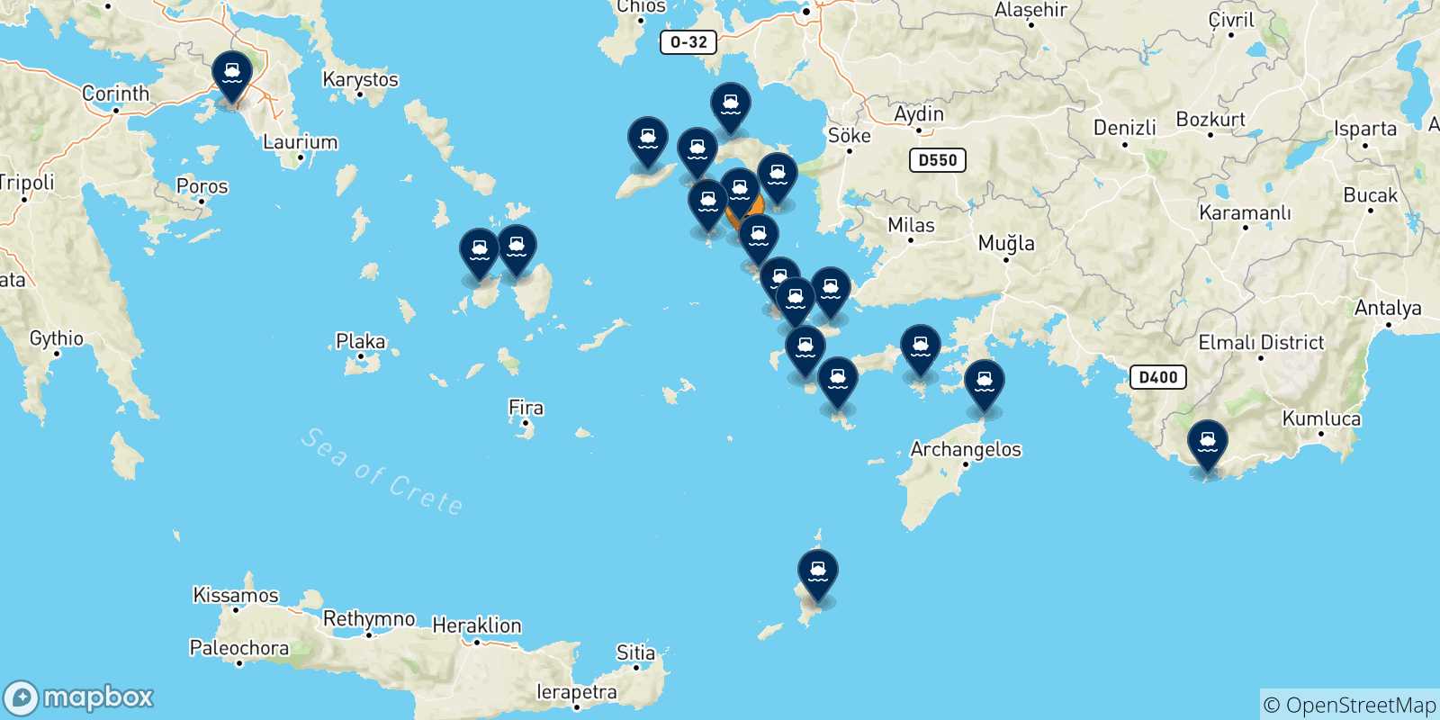 Mapa de las posibles rutas entre Lipsi y  Grecia