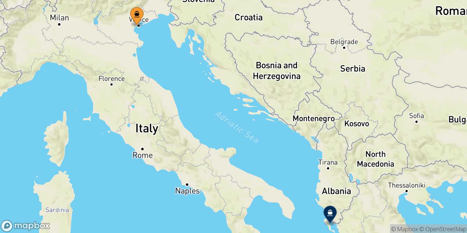 Mapa de la ruta Venecia Corfu