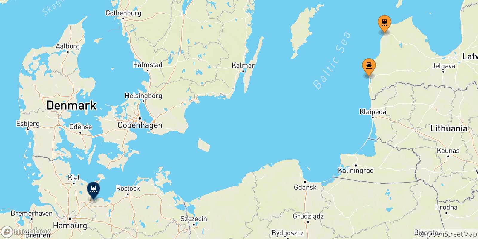 Mapa de las posibles rutas entre Letonia y  Travemünde