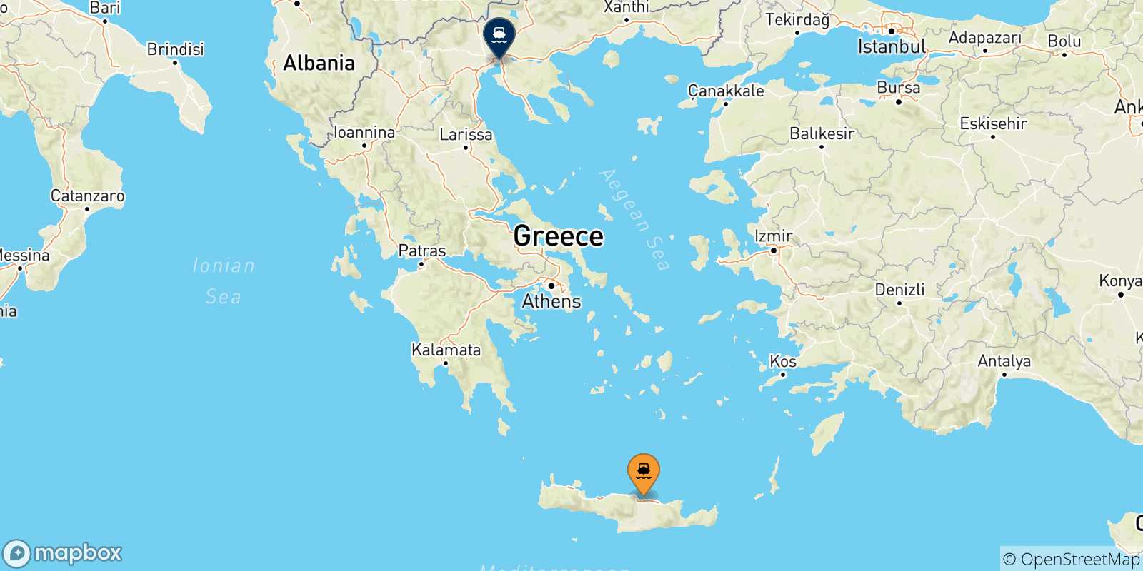 Mapa de las posibles rutas entre Creta y  Salónica