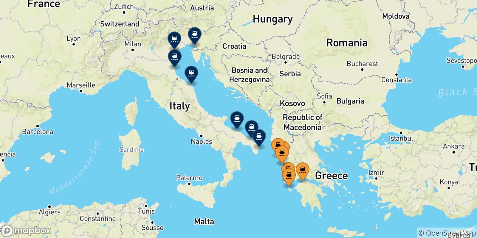 Mapa de las posibles rutas entre Grecia y  Italia