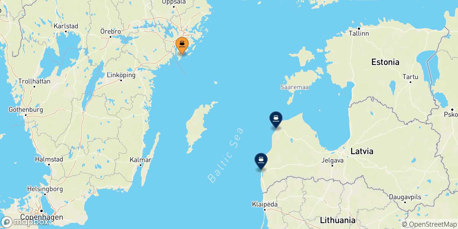 Mapa de las posibles rutas entre Suecia y  Letonia