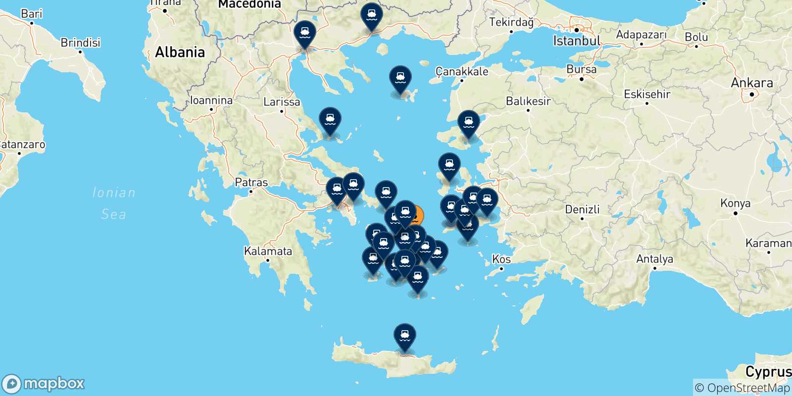 Mapa de las posibles rutas entre Mykonos y  Grecia