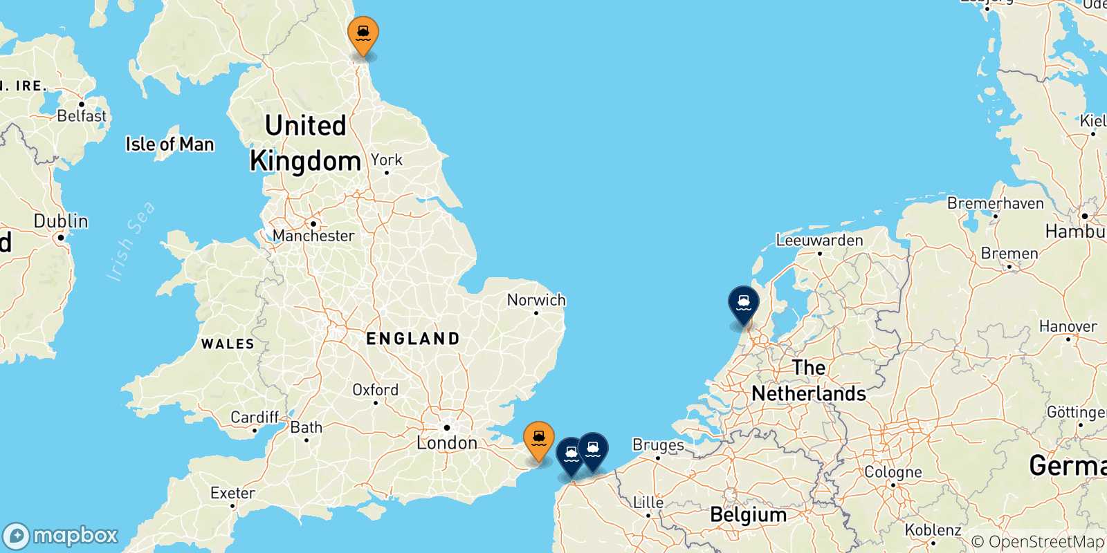 Mapa de los destinos alcanzables de Reino Unido