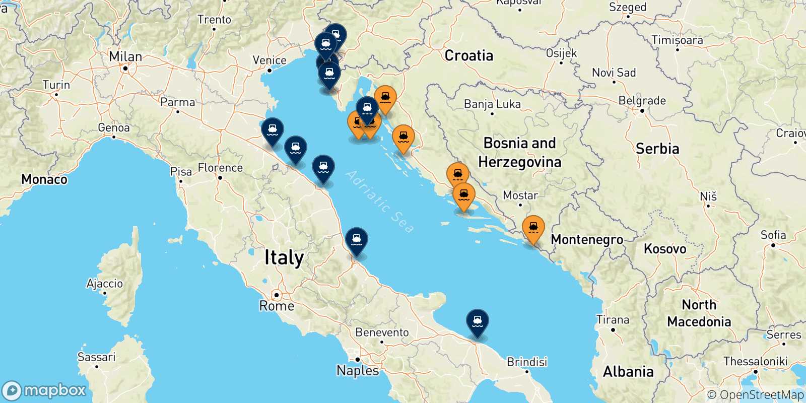 Mapa de los destinos alcanzables de Croacia