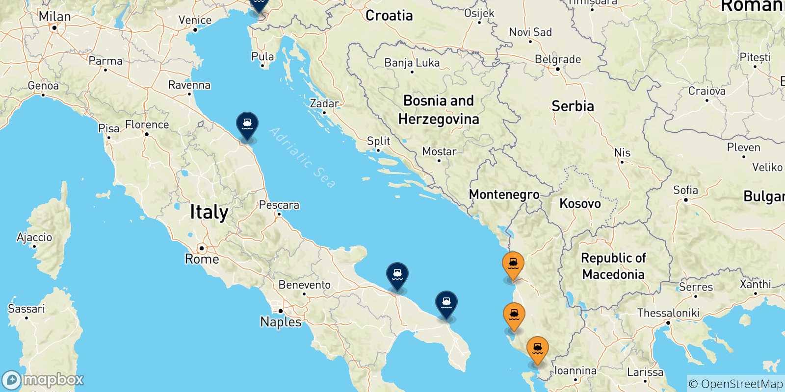 Mapa de las posibles rutas entre Albania y  Italia