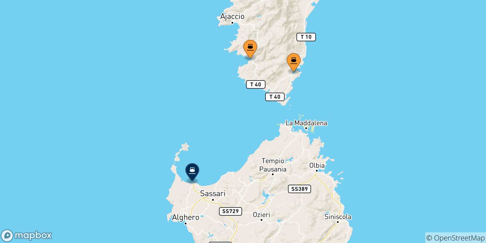 Mapa de las posibles rutas entre Córcega y  Porto Torres