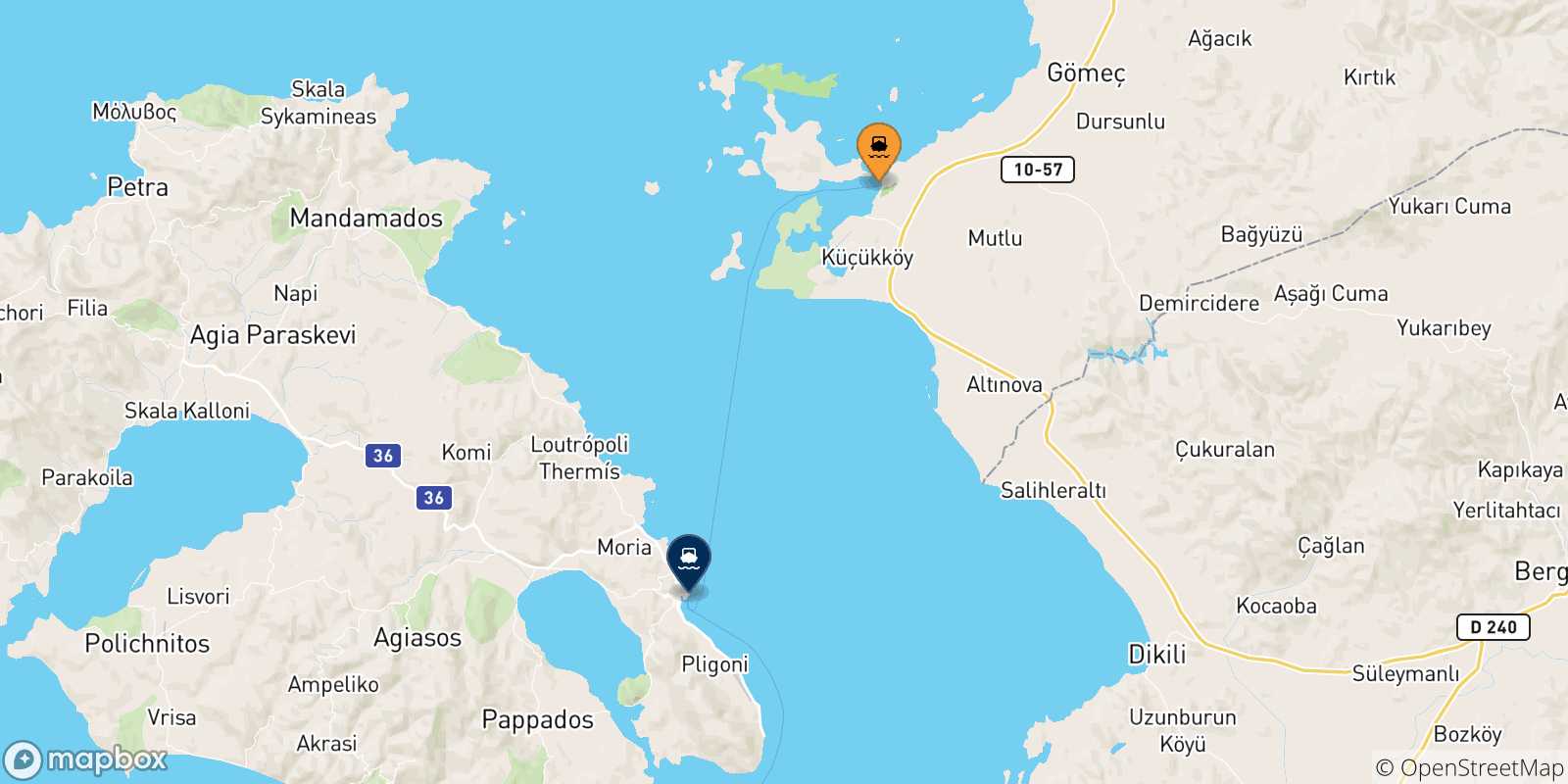 Mapa de las posibles rutas entre Turquía y  Mytilene (Lesvos)