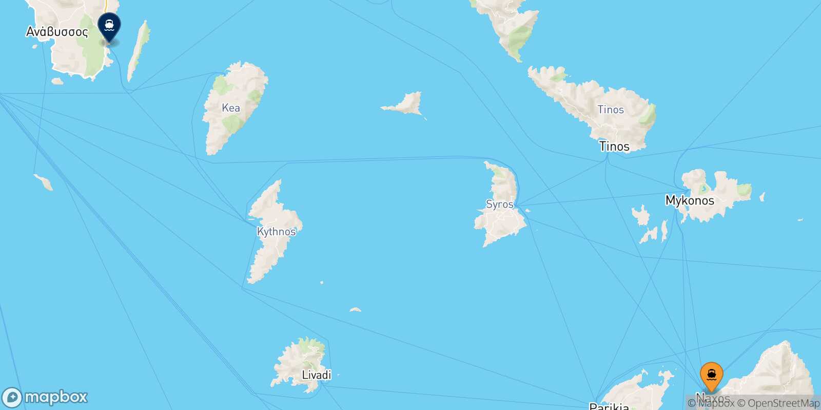 Mapa de la ruta Naxos Lavrio